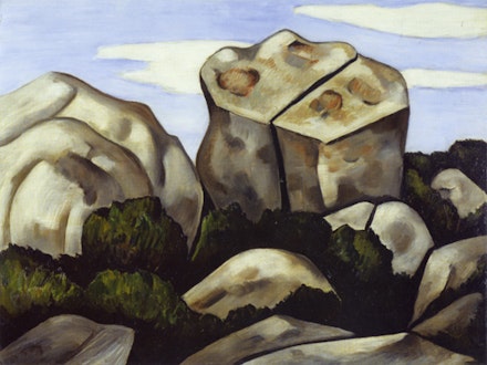 Marsden Hartley, “In the Moraine, Dogtown Common, Cape Ann” (1931). Oil on academy board. Georgia Museum of Art, University of Georgia; University purchase. Inscribed on verso: Teach us to care and not to care / Teach us to sit still / Even among these rocks / T. S. Eliot, Ash Wednesday.