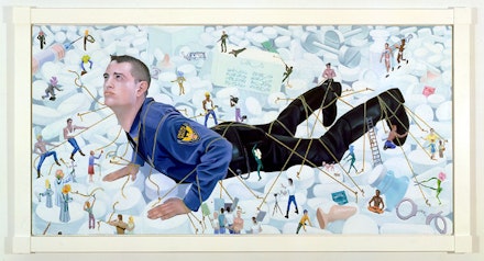 Frank Moore, “Gulliver Awake,” 1994–95. Oil on canvas mounted on wood. 34 1/4 x 68 1/8 x 1 1/2”. Collection of Loring McAlpin, New York. Image: Courtesy Sperone Westwater, New York.