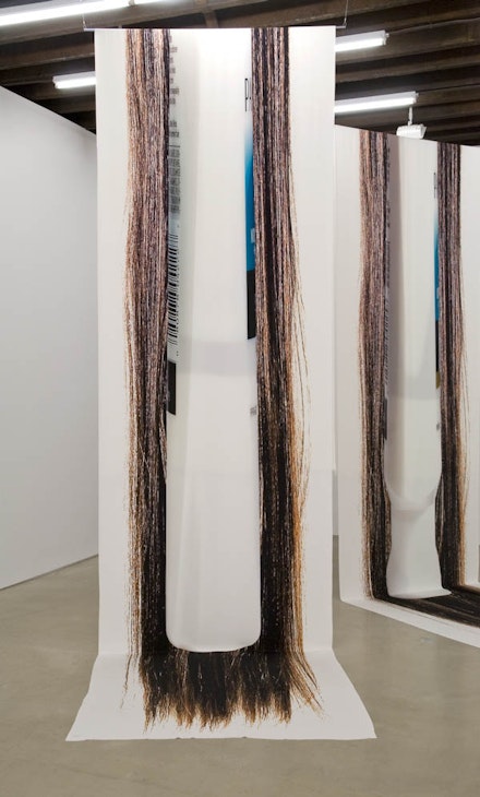 Alice Channer, “Primordial Fluids 1,” 2012. Digital print on Heavy Crepe De Chine, chrome bars, and cables. 152 x 5”. Height variable. Courtesy of Alice Channer; The Approach, London; Lisa Cooley, New York. Photography: Cary Whittier.