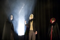 Pictured in masks left to right: Emily Donahoe, T. Ryder Smith, Maria Dizzia.