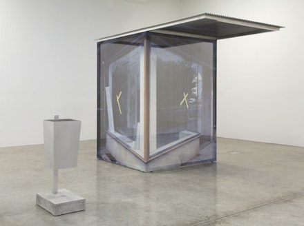 Sabine Hornig, “Großes Eckfenster / Large Corner Window,” 2012. Aluminum, wood, sublimation print on polyester, and concrete. Overall installed dimensions: 71 3/4 x 122 1/2 x 135”. Photo: Jean Vong. Courtesy the artist and Tanya Bonakdar Gallery, New York. 