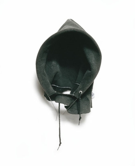 David Hammons, “In the Hood,” 1993. Athletic sweatshirt hood with wire, 23 x 10 x 5”. Collection Connie and Jack Tilton, New York.