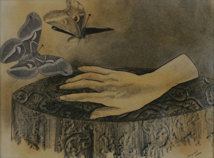 Jindřich Štyrský, “Alabastrová ručička [Little Alabaster Hand]” 1940. Pencil frottage & collage on paper 8 5/8 x 11 3/4”. Courtesy of Ubu Gallery.