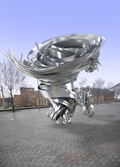 Alice Aycock, “Super Twister for University of Cincinnati Medical Science Building Rehab (CARE),” Cincinnati, OH, 2012. Aluminum; Approximately 20’ high x 20’ diameter. Digital photo composite: Dave Rittinger.