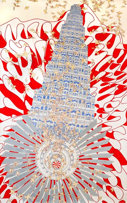 Alice Aycock “Rock, Paper, Scissors (India ’07),” 2010. Watercolor and ink on paper, 95 11/16 x 59 1⁄2”. Collection of Miami Art Museum, Gift of Jerry Lindzon, FL. Photo: Adam Reich.