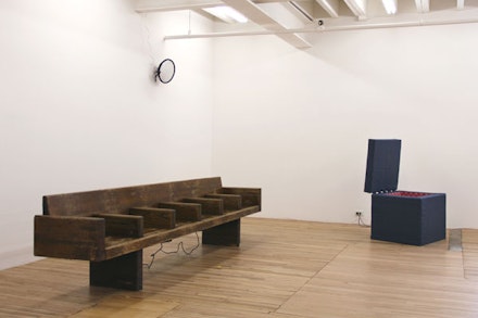 <p>Sergei Tcherepnin. Installation view with “Motor-Matter Bench<em>,</em>”2013, “Stereo Ear Tone Mirrors,” 2013 (detail) and “Pied Piper Box,” 2013. Courtesy of Murray Guy Gallery.</p>
