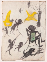 Bill Traylor, “Untitled (Exciting Event: Man on Chair, Man with Rifle, Dog Chasing Girl, Yellow Bird, and Other Figures),” 1939 – 1942, Montgomery. Poster paint, pencil, colored pencil, and charcoal on cardboard, 15 1/2 x 11 1/2