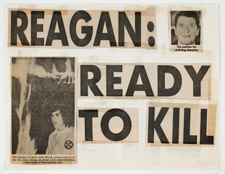 Keith Haring, “Reagan Ready to Kill,” 1980. Collage de coupures de journaux et ruban adhésif sur papier 21.6 x 27.9 cm. Collection Keith Haring Foundation.