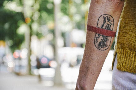 Thyrza Goodeve’s tattoo of Matthew Barney’s “Ise Shrine.” Photo: Zack Garlitos.