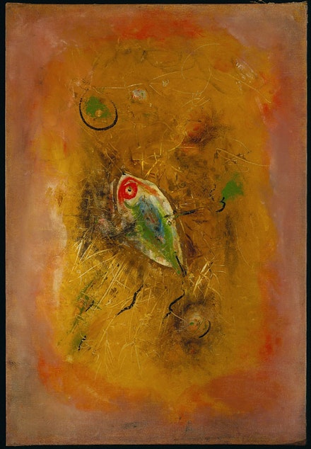 Wolfgang Schulze Wols, “Fish,” 1949. Oil on canvas, 28 3/4 x 19 5/8”. Photo: Paul Hester. Courtesy the Menil Collection, Houston.
