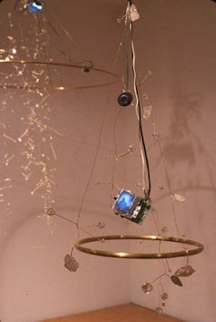 <p>"Faced with Defections," 2002, Crystals, metal, surveillance camera, monitor, electronics, approximately 2’ in diameter. Courtesy the artist and Pierogi.</p>