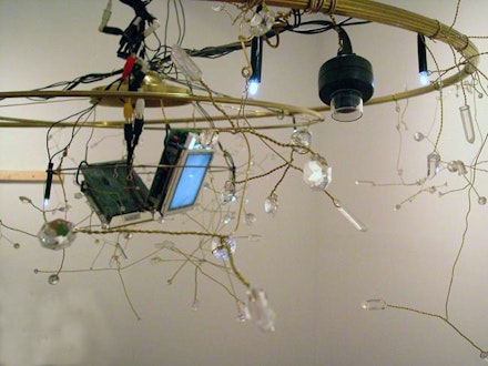 <p>Dan Devine, "Cascading Deterioration," 2002, Crystals, metal, surveillance cameras, monitors, electronics, 10’ in diameter. Courtesy the artist and Pierogi. </p>