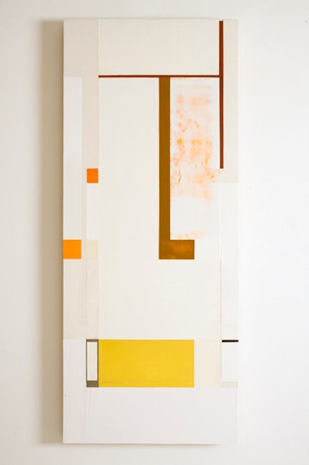 “lit before noon,” 2009–12. Oil, pewter, and florescent pigment on honeycomb aluminum panel, 39 1/4 ” x 16 1/4”.