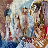 “Bachelors of Avignon,” 2011. Silkscreen, acryllic paint on canvas. Image courtesy the Brooklyn Museum.