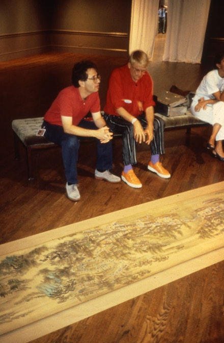 Filmmaker Philip Haas with David Hockney during the shooting of <em>A Day on the Grand Canal With the Emperor of China or Surface Is Illusion but so Is Depth</em>. Courtesy of Milestone Film and Philip Haas.