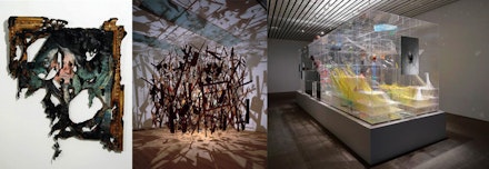 From left to right: Valerie Hegarty, <i>George Washington Shipwrecked</i> (2007); Cornelia Parker, <i>Cold Dark Matter: An Exploded View</i> (1991); David Altmejd, <i>The Orbit</i> (2012).
