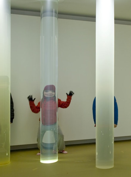 <em>Water, Selected</em>, 2007. 24 glass columns filled with water from unique glacial sources. Each column: 12 ̋ diameter × 110 ̋. Permanent Installation at Vatnasafn/ Library of Water, Stykkisholmur, Iceland. Courtesy the artist and Hauser & Wirth Gallery.
