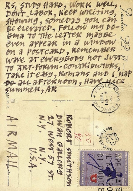 <br/>
Postcard from Ad Reinhardt to Robert Smithson, 1967. Courtesy Robert Smithson Estate.
