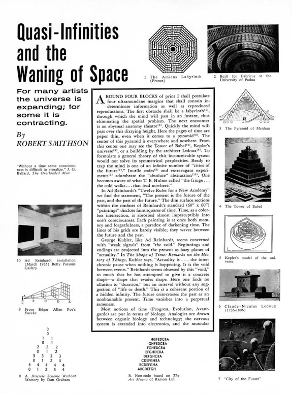 <br />
Robert Smithson, “Quasi-Infinities and the Waning of Space,” <em>Arts Magazine Vol. II</em>, November 1966.