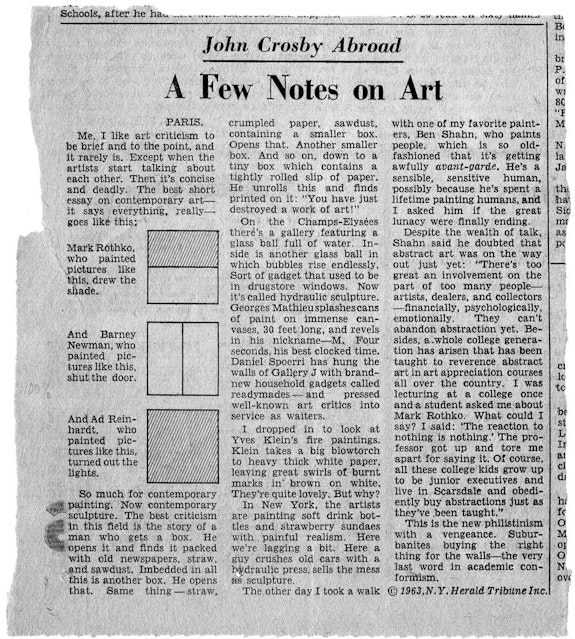 <br>
John Crosby, “A Few Notes on Art,” New York Herald Tribune Incorporated, 1963.