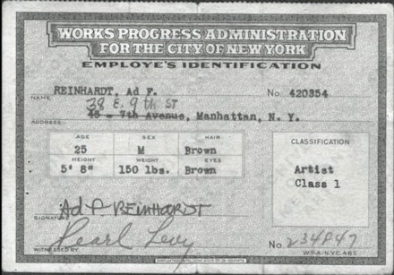 Ad Reinhardt’s WPA Identification card. Image courtesy the Archives of American Art.