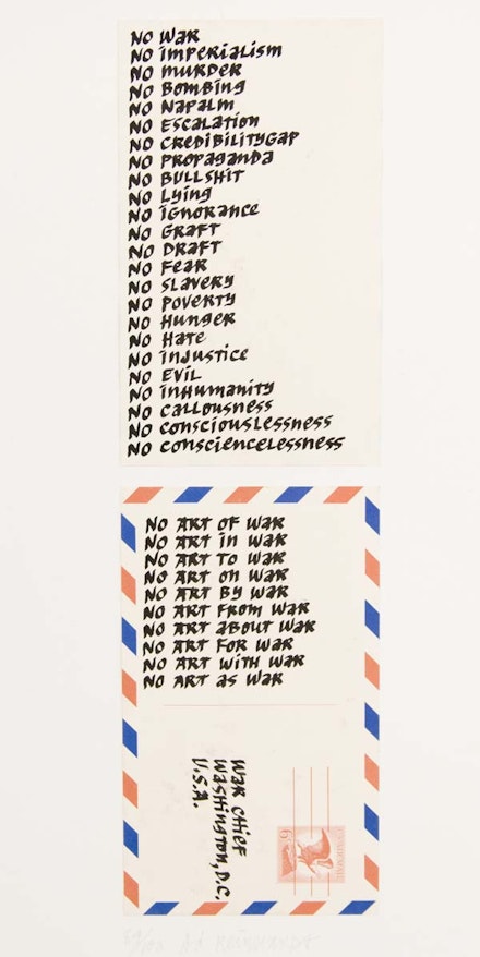 1967, Reinhardt contribution to the portfolio <em>Artists and Writers Protest Against the War in Viet Nam</em>.