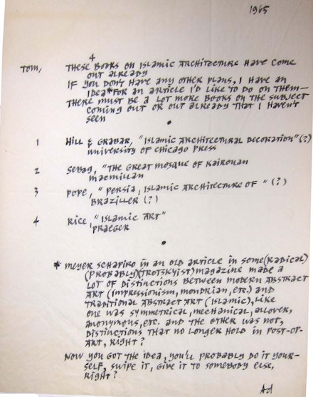 Ad Reinhardt to Thomas B. Hess, November 17, 1965. Thomas B. Hess Papers. Courtesy Archives of American Art.