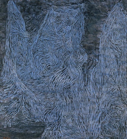 Paul Klee, “Walpurgis Night,” 1935. Gouache on cloth laid on wood, 508 × 470 mm. Tate, London.