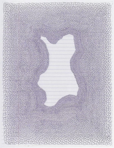 Lori Ellison, “Untitled,” 2013. Ink on notebook paper, 11 × 8 ½˝. Courtesy the artist and McKenzie Fine Art.
