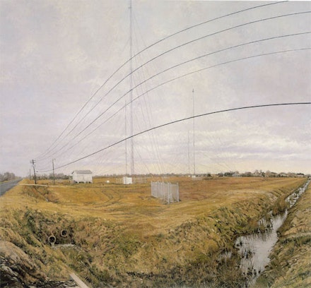 Rackstraw Downes, “At the Confluence of Two Ditches Bordering a Field with Four Radio Towers,” 1995. Oil on canvas, 46 × 48 ̋. Collection of Louis-Dreyfus Family. Courtesy of the artist and Betty Cuningham Gallery, New York.