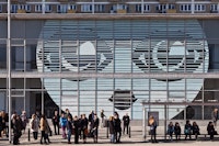 Museum of Modern Art in Warsaw, with the work by Paulina Ołowska “emilia’s Face,” on the front wall, 2014. Courtesy Museum of Modern art in Warsaw. photo by Bartosz Stawiarski.
