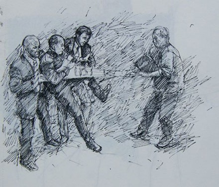 Drawing of an art student Péter Donka after the journalist photography (István Huszti) taken on the interruption of the first meeting of Hungarian Art Academy by Free Artists, at the moment when one of their representatives, Csaba Nemes, was attacked with a folder by a poet member of H.A.A. Dec. 2013. Courtesy of the owner of the drawing: Csaba Nemes.