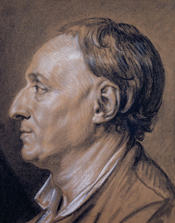 Jean-Baptiste Greuze (1725-1805), Portrait of Denis Diderot (1713-1784), 1766. Black chalk, stumped, and white chalk, worked wet, with touches of gray chalk, on brown paper. Source: The Morgan Library & Museum.