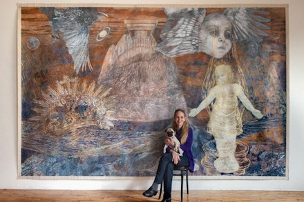 Ann McCoy and Maeve, “Lunar birth” (2001), 9 by 14 ft, pencil and water color on paper on canvas Photograph by Peter Dressel.