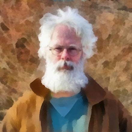 Photo of Khem Caigan with digital painting by the artist