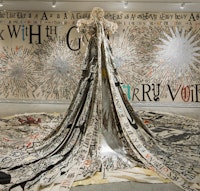 <em>Big Gal Faith</em>. Sculpture, 2012. Mannequin, oil paint, oil pastel, fabric, paper, wood, silver, and gold leaf. 7' 8.5 H x 26' W x 10' D.