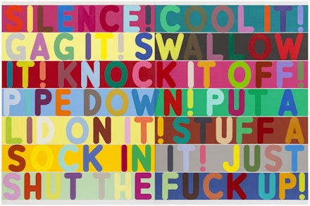 Mel Bochner, “Silence!,” 2011. Oil and acrylic on two canvases, 80 × 120 ̋ Courtesy of the Hadley Martin Fisher Collection Artwork © Mel Bochner.