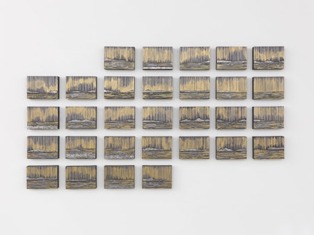 Teresita Fernández, “Nocturnal (30 Nights),” 2013. Graphite and metallic paint on wood panel 30 panels, each 6 × 8 ̋; 38.197 × 68.263 ̋(overall). Courtesy the artist and Lehmann Maupin, New York and Hong Kong. Photo by Elisabeth Bernstein.