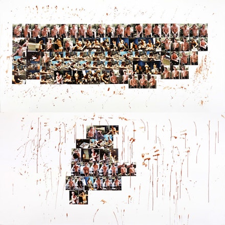 Larry Clark, “Knoxville II (homage to Brad Renfro),” 2012. Diptych; color photographs and blood on foamcore, each work, 48×96 ̋. © Larry Clark; Courtesy of the artist and Luhring Augustine, New York.