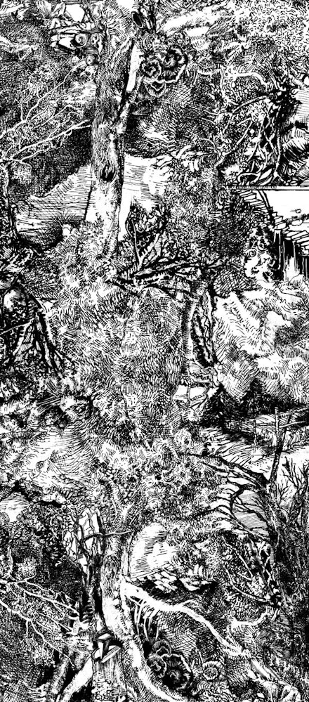 Ellen Wiener, “Longhand Forest” (detail), 2014. Ink on paper and phototex, 70 × 216 ̋. Photo: Jeff Heatley.
