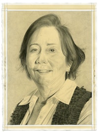 Portrait of Phyllis Tuchman. Pencil on paper by Phong Bui. Inspired by a photo portrait by Owen Keogh.