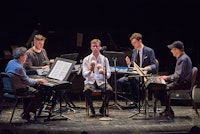 Philip Glass, Nico Muhly, David Cossin, Timo Andres, Steve Reich play Four Organs at BAM. Photo by Stephanie Berger.