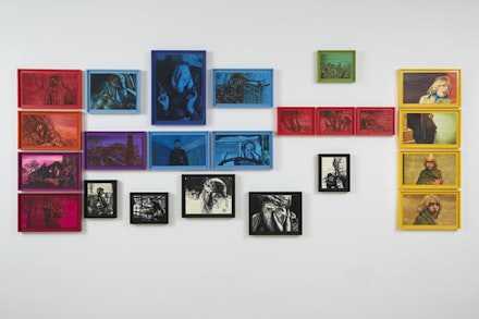 Adam Helms, “Untitled (Dante and Beatrice in Technicolor),” 2014. Gouache and aniline dye on paper, 23 panels: dimensions variable. Courtesy the artist and Marianne Boesky Gallery, New York. © Adam Helms.