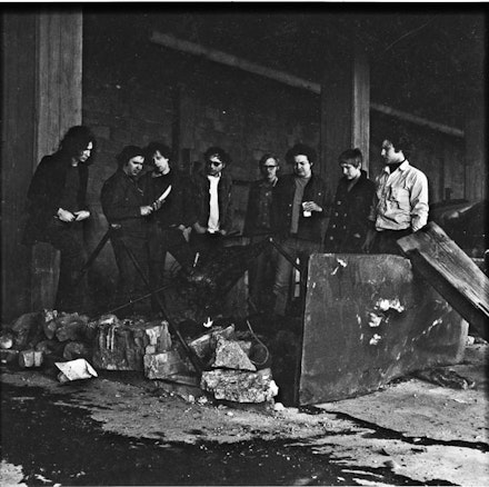 Pig Roast Party (from left to right): Lee Jaffe, Dickie Landry, Phillip Glass, Lee Breuer, Unknown, Robert Prado, Robert Prado's wife, Gordon Matta-Clark.