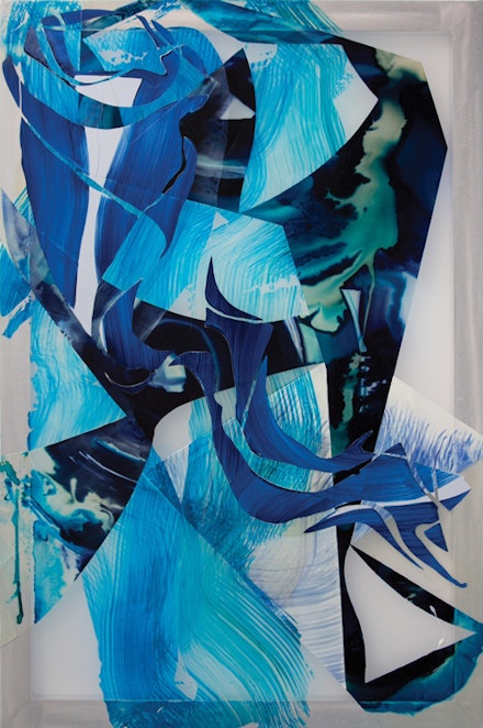 <em>Behind the Waterfall</em>, 2014, oil, acrylic, and dye on silkscreen, 72 x 48 in 