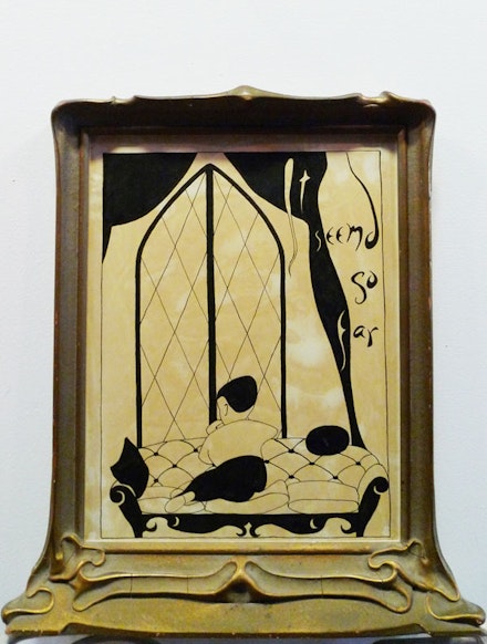 Jess, “Jerusalem” (ca.1962 – 64) ink on white board in standing Art Deco frame, illustration planed for but not used in Duncan’s <em>A Book of Resemblances</em> (1966). Given to David Levi Strauss and Sterrett Smith upon leaving San Francisco for New York City in 1993. It reads “It seemed so far.”