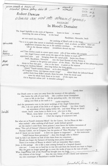 David Levi Strauss’s copy of <em>Sulfur #3</em> (1982) with Robert Duncan’s “In Blood’s Domain” corrected by Duncan April 5, 1982. In part, text reads “silences are not the absence of speech.”