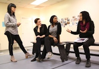 Director Leigh Silverman, actors Rebecca Henderson and Rachel Holmes, and playwright Tanya Barfield (left to right) in the rehearsal room. Photo: Joan Marcus.