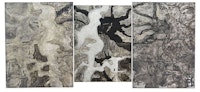 Bill Jensen, “DOUBLE SORROW +1 (GREY SCALE)” (2014 – 15). Triptych, oil on linen, 58 × 129˝. Courtesy of Cheim & Read.