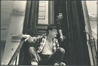 Jeff Weiss and Richard C. Martinez, aka Murphy, in the 1990s in front of their 10th street apartment, where the first shows of <em>And That's How The Rent Gets Paid</em> were performed.